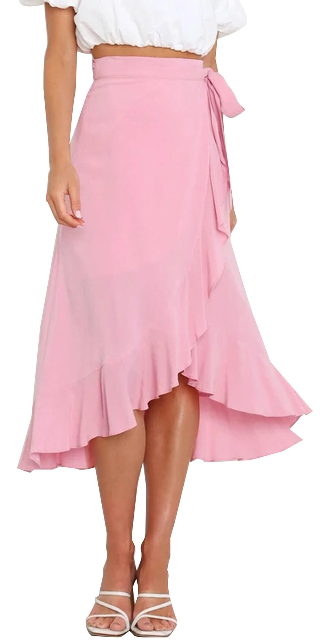 FEOYA Faldas largas de cintura alta para mujer, con lazo cruzado, dobladillo con volantes, estilo casual, para verano, playa