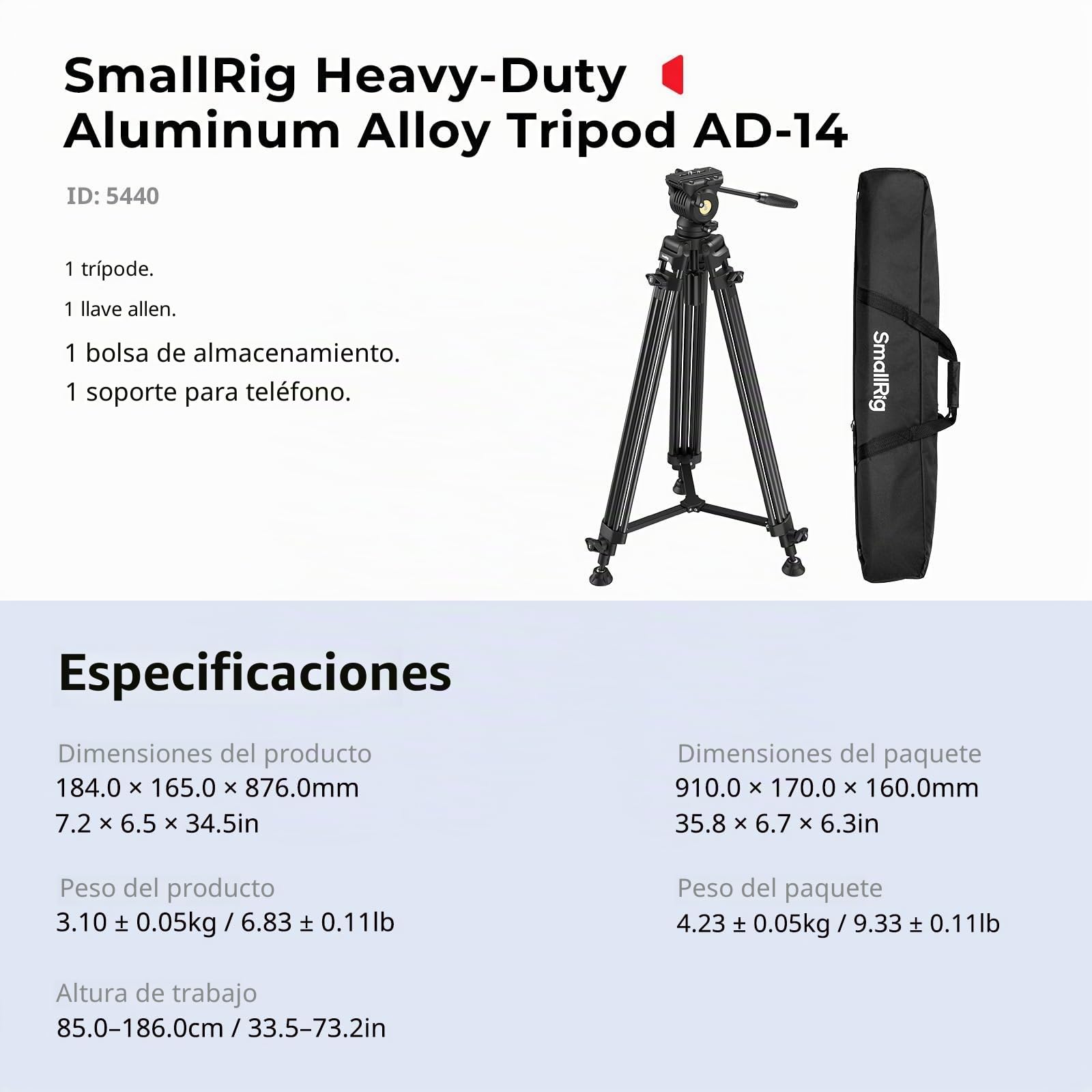 SMALLRIG Trípode Video Aluminio 186cm, Carga 8kg, Cabeza Fluida - 5440 | Trípode de viaje: Peso 3.1 kg, Altura plegado 88 cm, Altura regulable de 85 cm a 186 cm