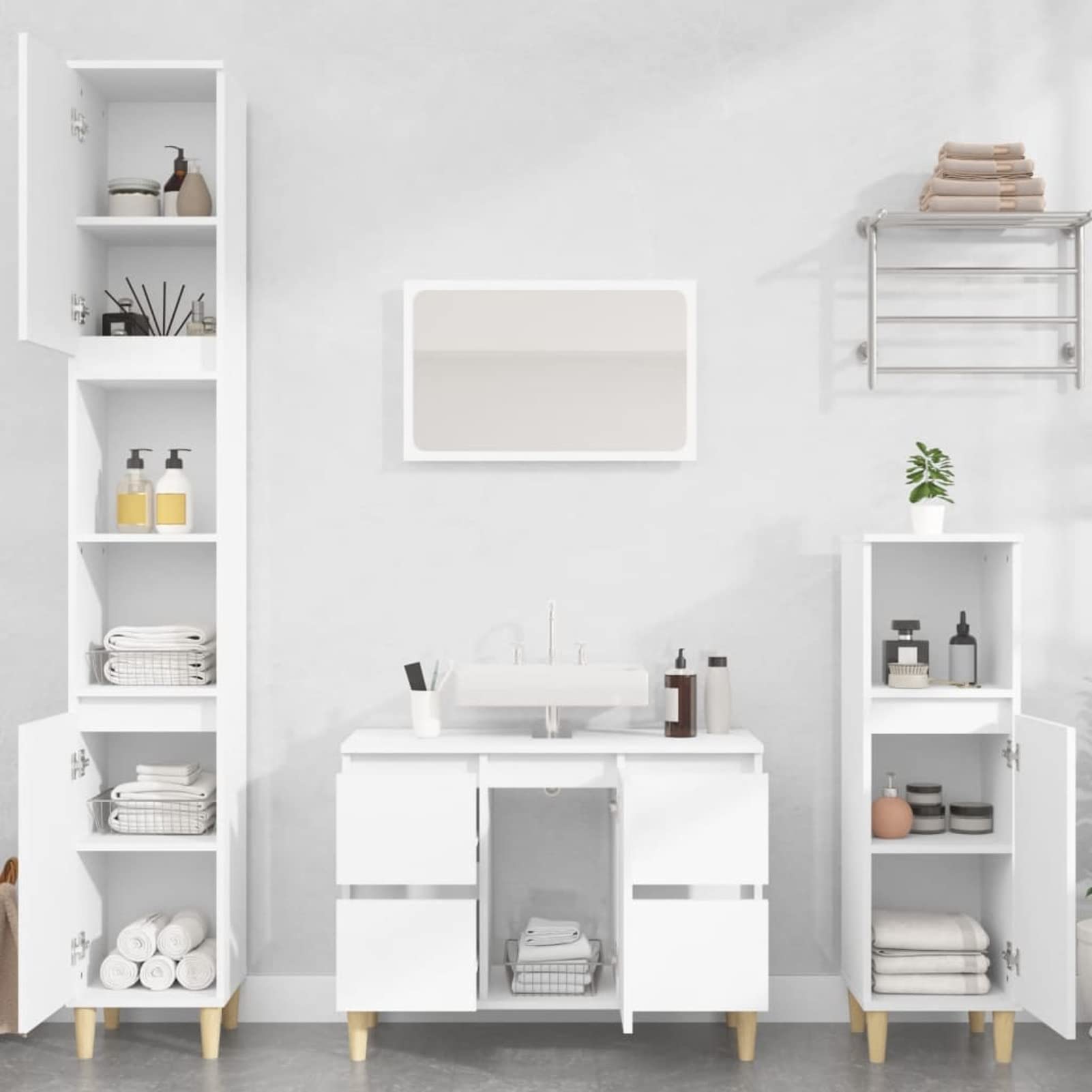 Gecheer Set Mobili da Bagno 3 Pezzi, Mobile Lavabo 80 cm con Armadietto Alto 190 cm e Armadietto Basso 100 cm in Legno Multistrato ed Eucalipto Bianco, per Bagno