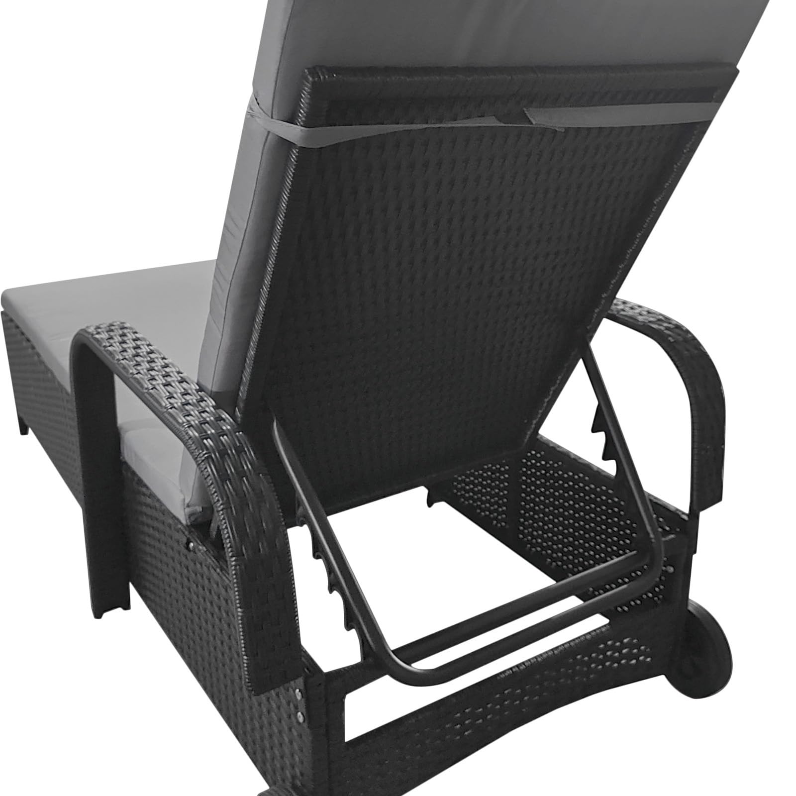 Leżak ogrodowy, leżak rattanowy z miejscem do przechowywania, odchylane oparcie, mobilny leżak z poduszkami, polirattan, metal, 200 x 75 x 30-92 cm (czarny/szary)