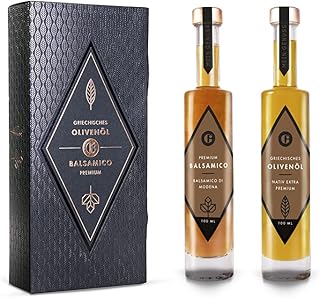 MEIN GENUSS Olivenöl & Balsamico Essig Geschenkset – Griechisches Olivenöl nativ extra – Weißer Balsamico Erste Güteklasse - Feinkost Geschenkbox – 2x 100 ml - Premium Geschenkverpackung
