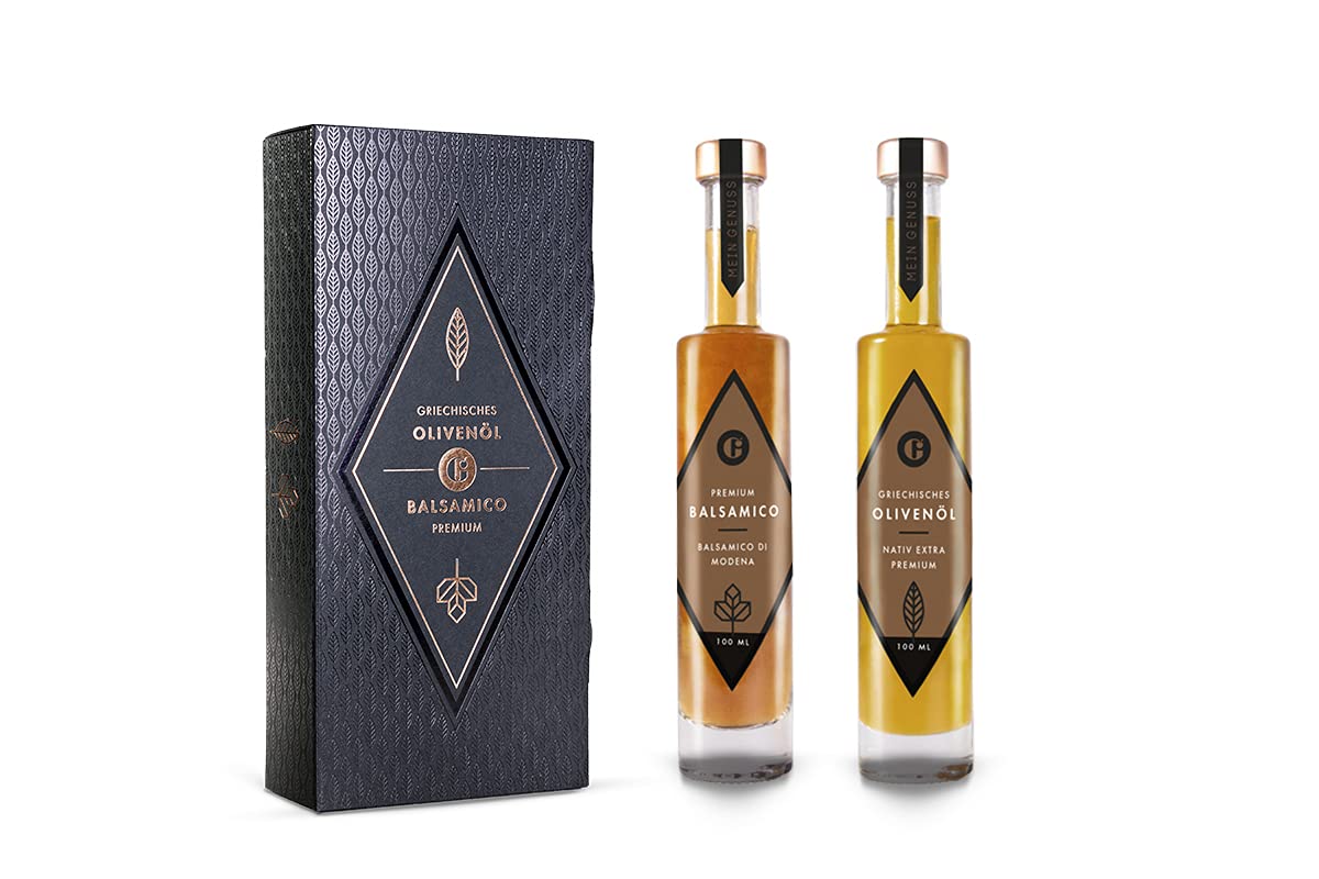 MEIN GENUSS Olivenöl & Balsamico Essig Geschenkset – Griechisches Olivenöl nativ extra – Weißer Balsamico Erste Güteklasse - Feinkost Geschenkbox – 2x 100 ml - Premium Geschenkverpackung