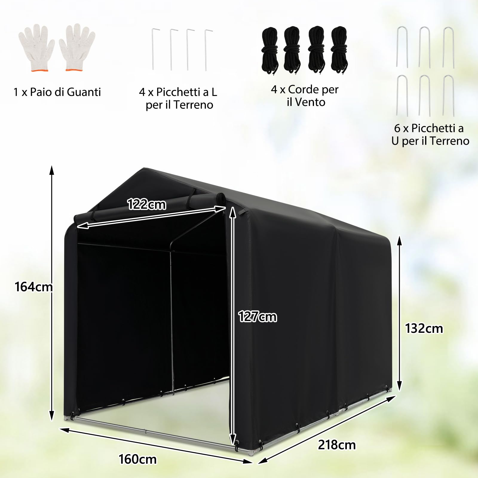 COSTWAY Capanno di Stoccaggio per Esterni, Garage Portatile per Biciclette, Motociclette, Attrezzi da Giardino, Carport per Bici con Porta a Rullo e Cerniera, 160 x 218 x 164 cm (Grigio Scuro)