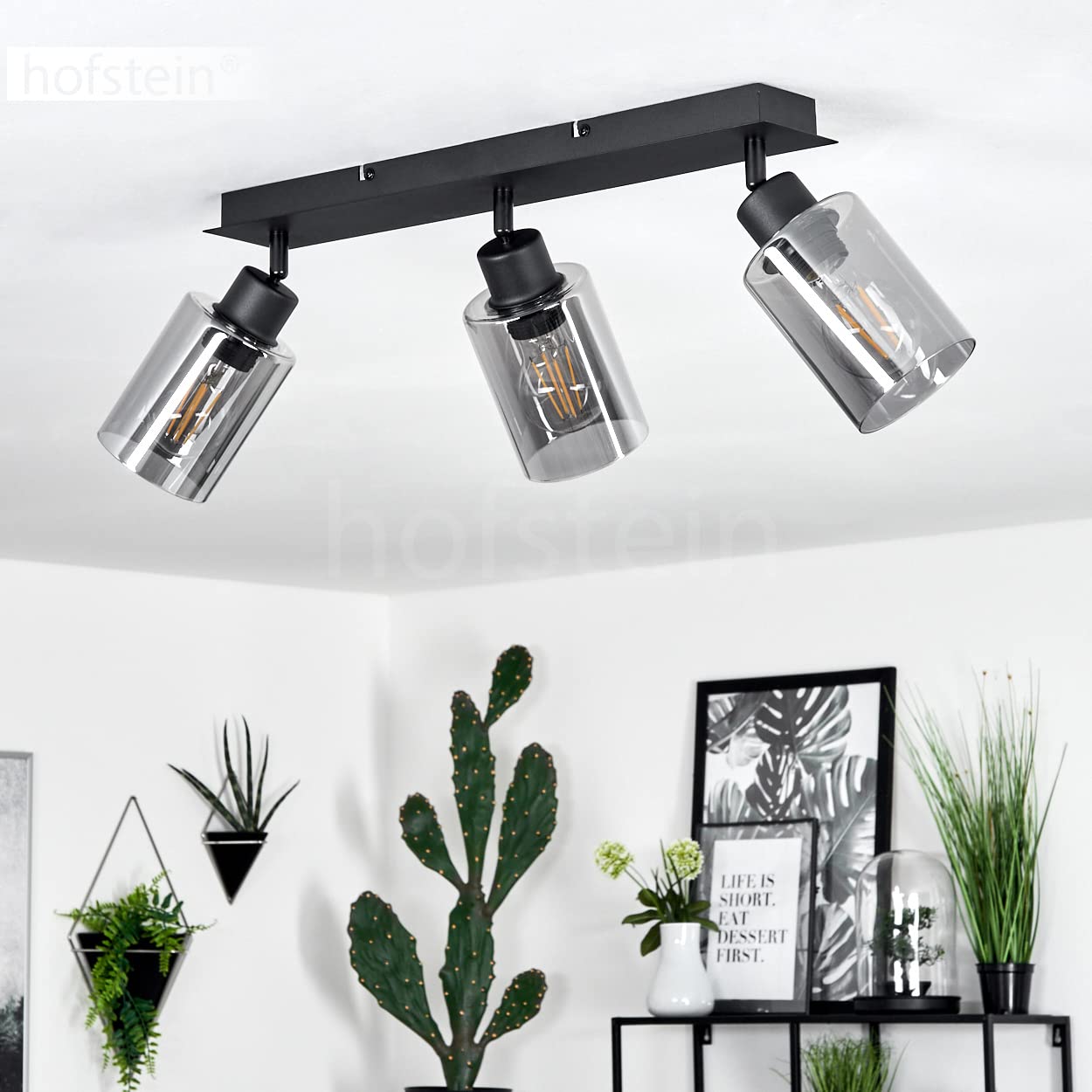 Lampada da soffitto Hunouri, lampada da soffitto in metallo/vetro in nero/fumo, con paralumi in vetro fumé, 3 luci, attacco E27, paralumi ruotabili, senza lampadina/e