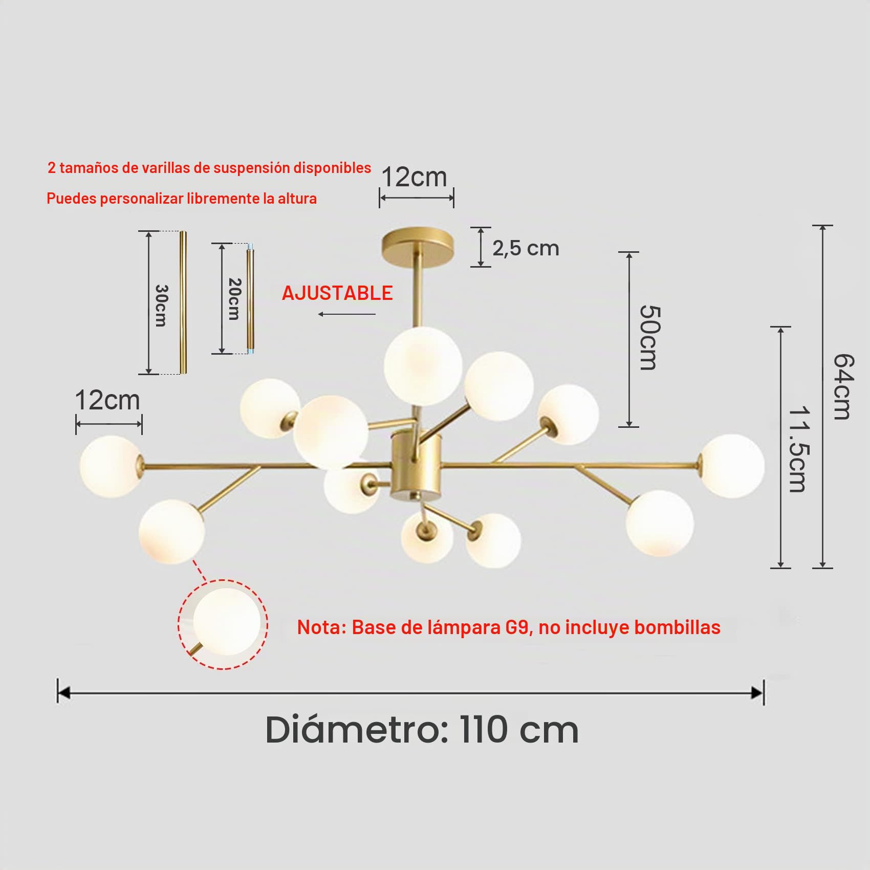Lámpara de Araña Sputnik Dorado Bola Vidrio Mid-Century 12 Luces | Lamparas de Techo Sputnik Altura Ajustable, Lampara Colgante Techo G9, Sin Bombilla, para Salón Dormitorio Comedor Cocina