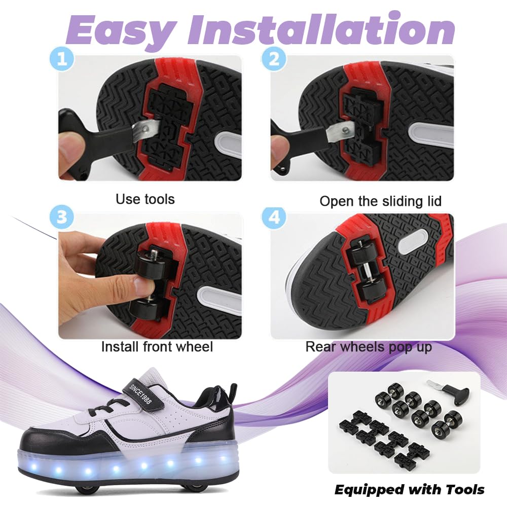 Mateju Enfants Chaussures à roulettes Filles Garçons Chaussures de Skateboard 4 Roues Réglables, Basket Patins à roulettes, Qui Brille Multifonctions Extérieur Chaussures de Sport