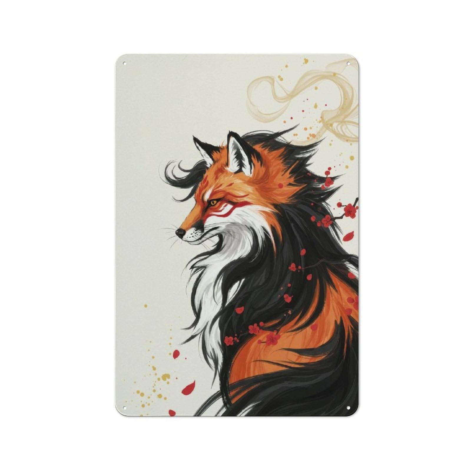 Junmoney Style-22 Vintage Tin Sign 30X20cm With Fox Spirit With Blossoms Digital Art For Bar Or Restaurant, Suited To Bar Decor Enthusiasts