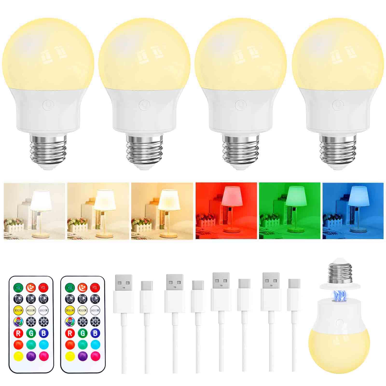 LED Aufladbare Glühbirne Mit Fernbedienung, Magnetisch E27 Akku Glühbirne Mit Batterie, 3 Farbtemperaturen + 9 RGB Farbwechsel, 480Lm, 3 Timer, Für Lampe Ohne Strom, Camping & Notfall, 4 Stück