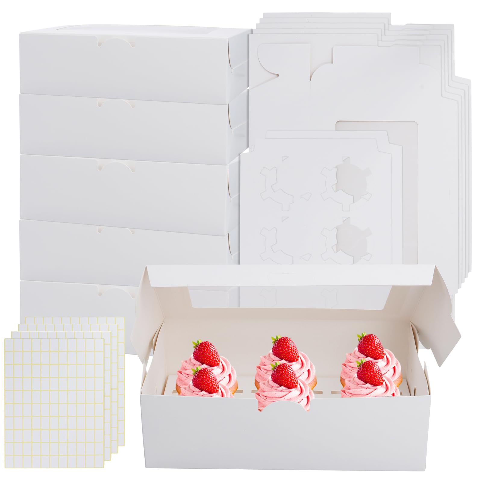Pingeui White 40 Pcs 6 Hole Cupcake Boxes, Cake Boxes With Clear Window, Bakery Carrier Boxes With Stickers For Muffins, Cookies, Pastries, Donuts
