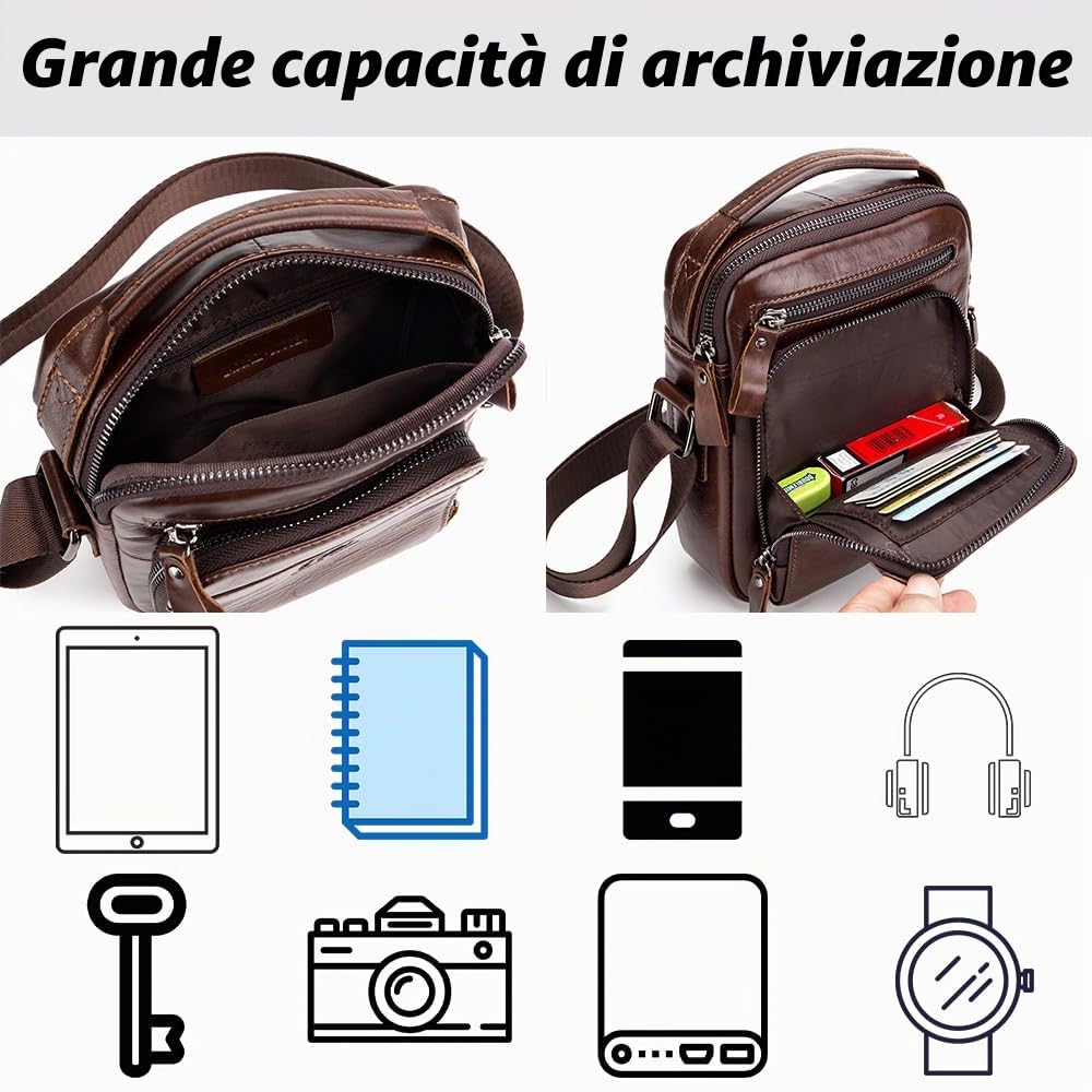 pundarika Borsello Uomo in Vera Pelle - Tracolla Crossbody e Borsa Messenger Marrone con Tracolla Regolabile