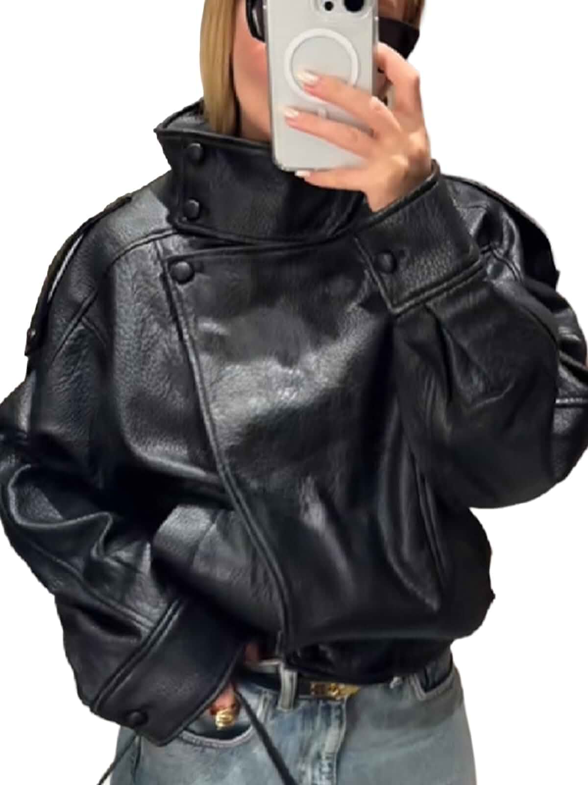 THLAI Black Jacket for Women Faux Leather Coat with Lychee Texture Stand-Up Collar & Long Sleeves Casual Outerwear
