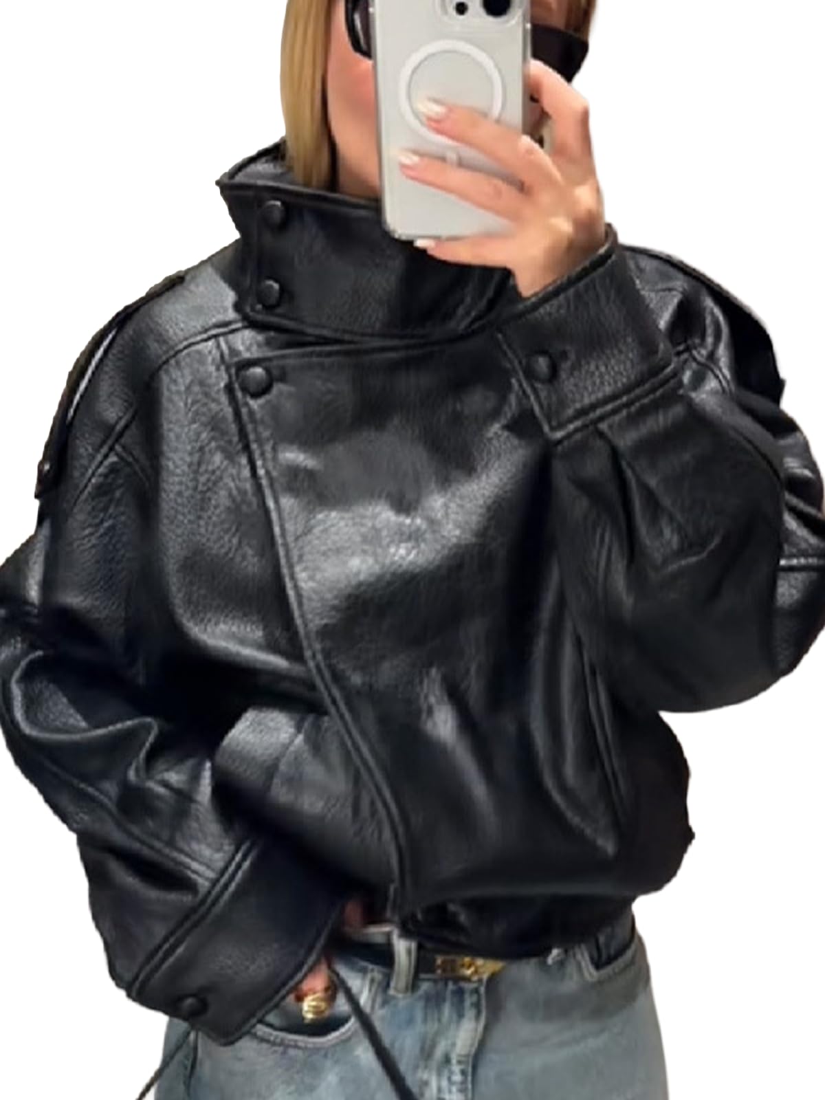 Photo 1 of THLAI Black Jacket for Women Faux Leather Coat with Lychee Texture Stand-Up Collar & Long Sleeves Casual Outerwear
