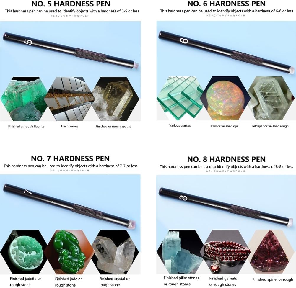 Mohs Hardness Test Kit, 5-9 Scratch Tester Hardness Test Pen with Storage Box, A Pen Head Inlaid with Jade and Stone, Scratch Tester for Mineral, Jewelry, Jade, Glass, Gemstone Identification.