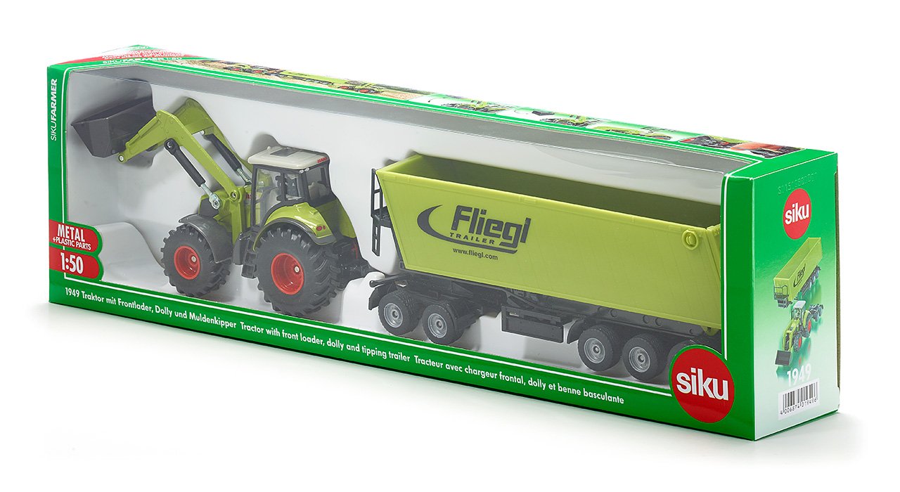 Siku 1949, Claas Axion Traktor mit Frontlader, Dolly und Muldenkipper, 1:50, Metall/Kunststoff, Grün, Bewegliche Schaufel und Frontlader-Schwinge, Kippbare Mulde