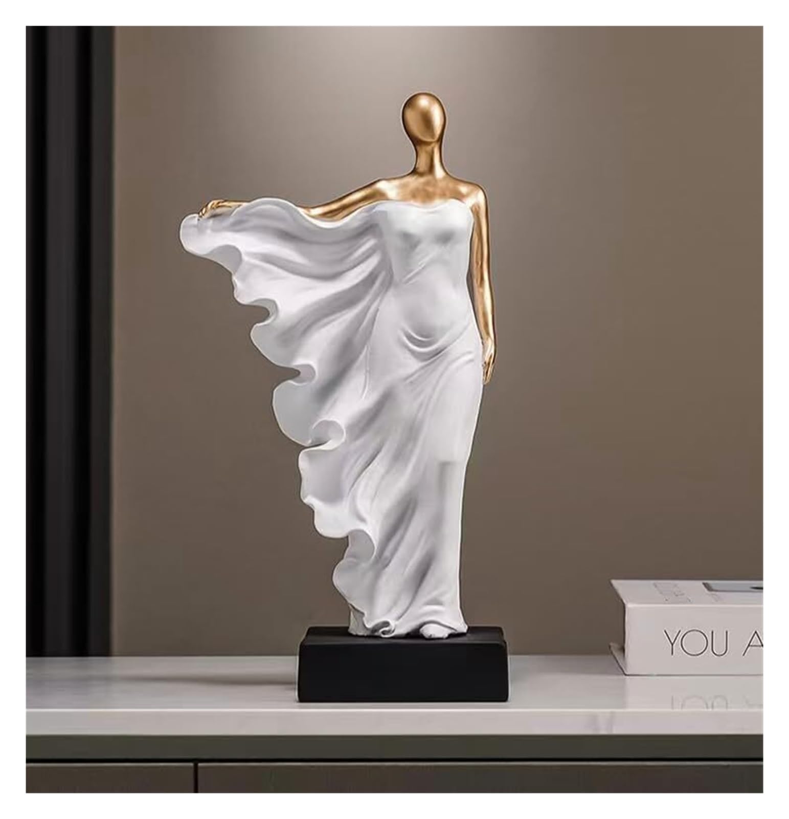 GlamourYard Front Porch Decor European Abstract Figure Sculpture with Flowing Drape Black Base Statue Esculturas Decorativas Modernas(White and Gold)