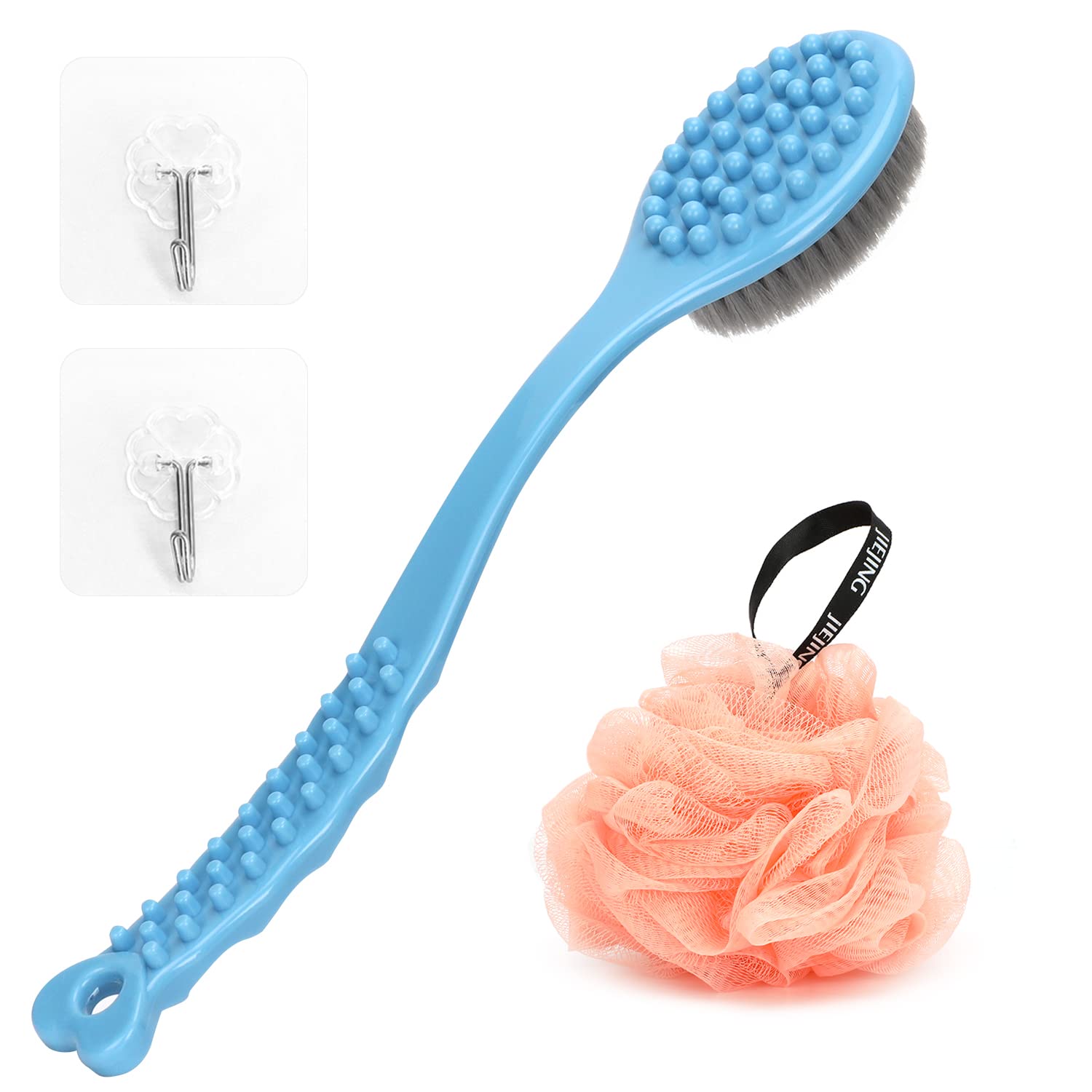 Cepillo de Ducha de Mano, Esponjas de Baño ，Esponja Bano con 2pcs Ganchos Sin Costuras ，Adecuado Para Mujeres y Hombres Para Exfoliar, Limpiar y Calmar La Piel(azul + rosa)