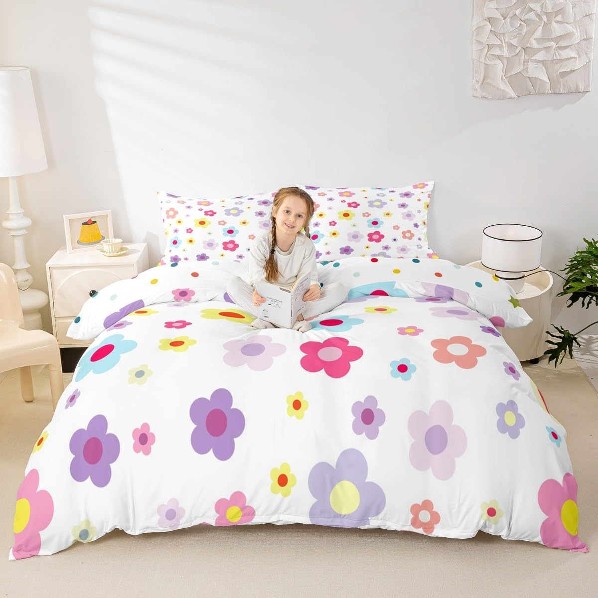jejeloiu Daisy Flower Bedding Set for Kids Boys Girls Groovy Floral Comforter Cover Full Size Retro Floral Boho Duvet Cover Bedroom Decor Breathable Soft Lightweight Microfiber Light Blue 3Pcs