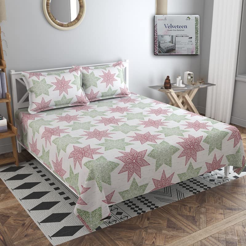 BSB HOME Velveteen Queen Bedsheets with 2 Large Pillow Covers | Luxury Soft Sheets, Breathable, Book-Fold Gift Packing (3 Piece Set, 90 x 100 Inches, White Green & Red, Cotton) (B0C344RHV1) Amazon Price History, Amazon Price Tracker