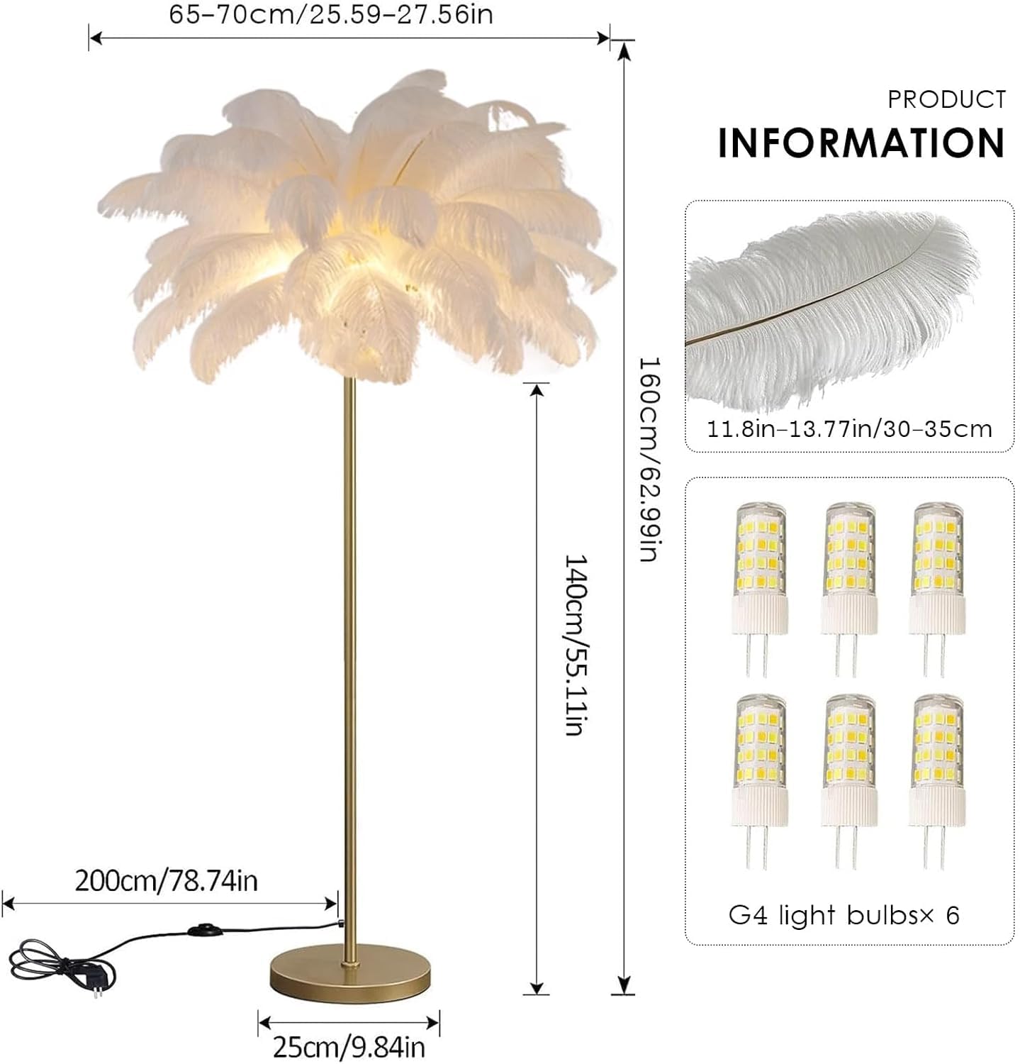 Lampa podłogowa z piór 160 cm z żarówką G4-LED, lampa stojąca z piór z włącznikiem nożnym, elegancka lampa podłogowa z naturalnego pióra strusia do sypialni, salonu, biała