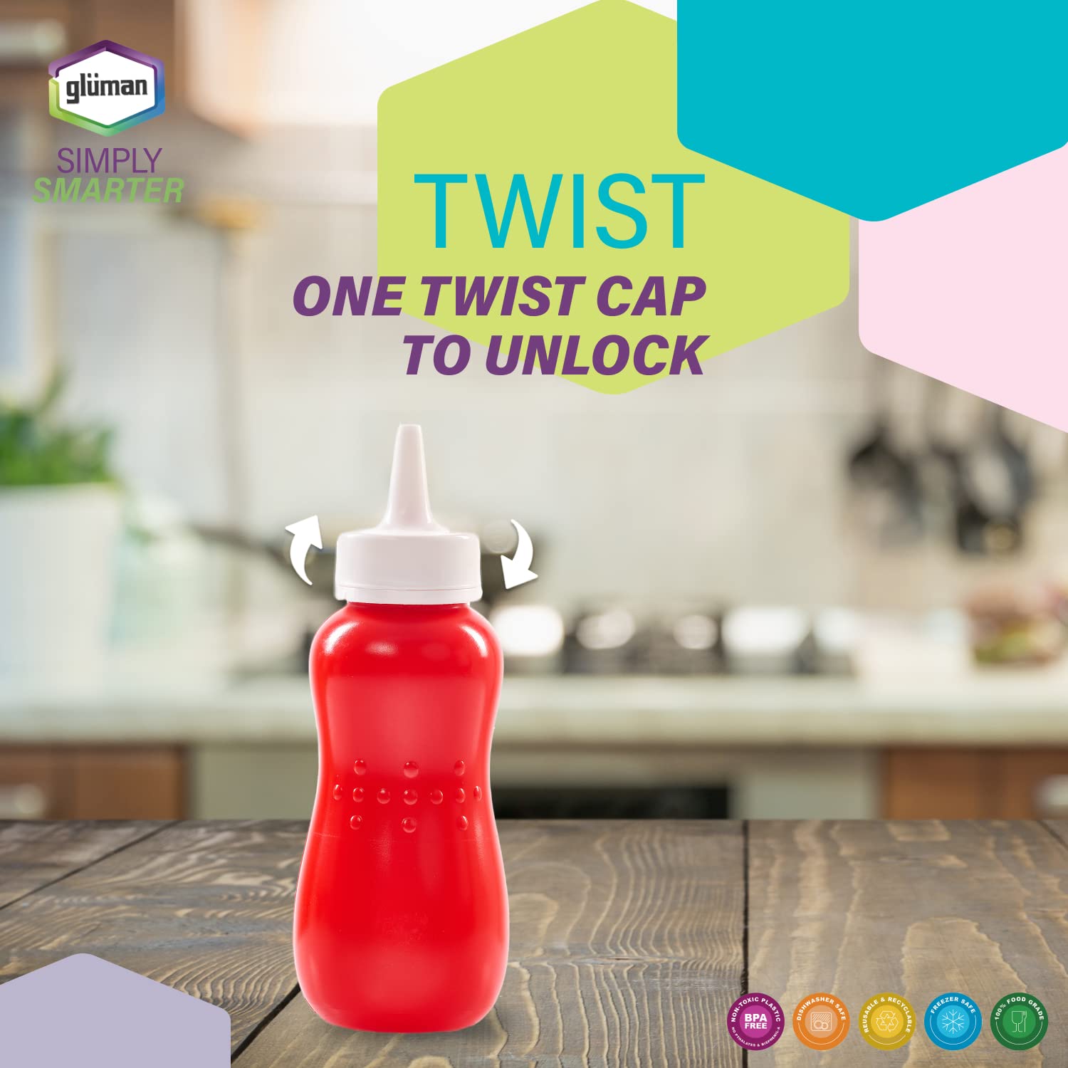Gluman Plastic Squeezy 750 Ml Sauce Bottle (Set Of 2) For Clean & Mess-Free Dispensing | 100% Food Grade | Dishwasher Safe | Freezer Safe | Ergonomically Designed | Reusable (Red) 1