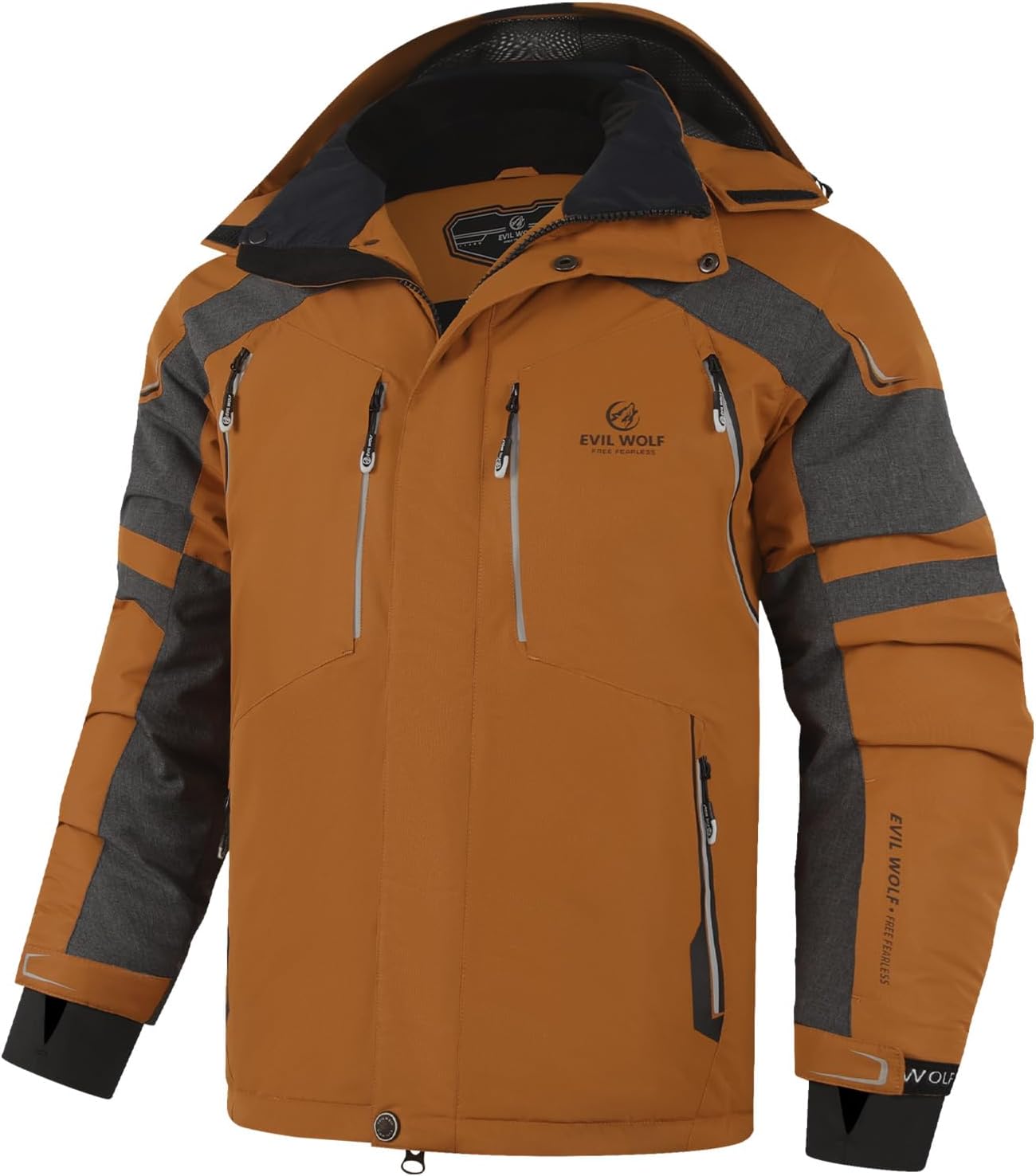 EVIL WOLF Men's Waterproof Ski Jacket - Hooded & Warm, Multi-Pocket, Essential Winter Gear for Skiing & Hiking