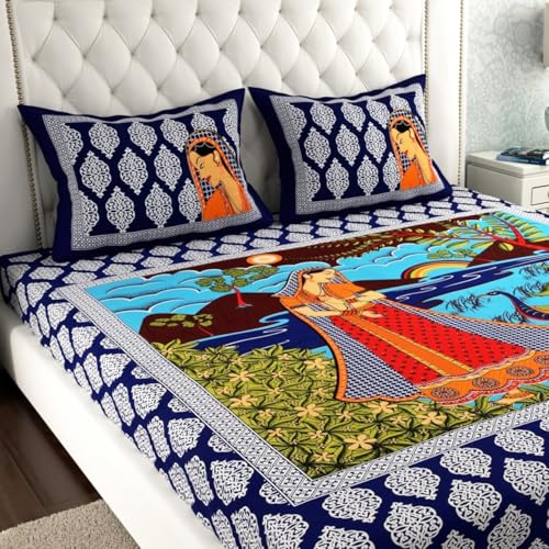 Image of UNIBLISS 100% Cotton Rajasthani Jaipuri Traditional Floral King Size Double Bed Bedsheet with 2 Pillow Covers - (Multicolor Bedsheets009)