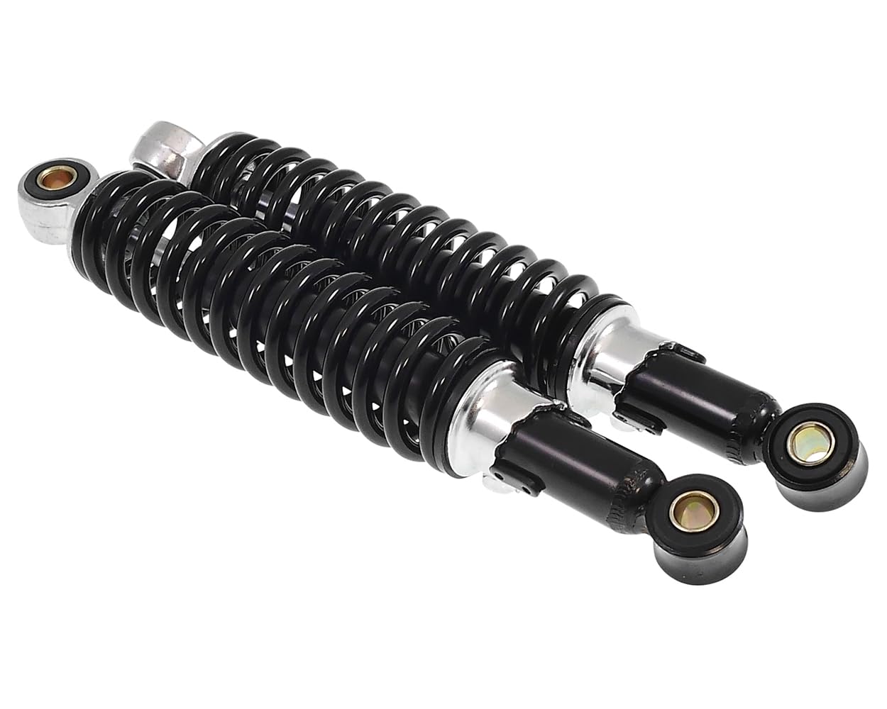 Stoßdämpfer Set 240mm + 260mm Tieferlegung Simson KR51 / 51/1 / 51/2 – 5-fach verstellbar – inkl. Reduzierhülsen – Set vorne & hinten – schwarz – für 8 & 10 mm Bolzen