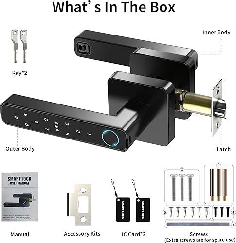 Miniatura 9 de Cerradura de puerta inteligente de huellas dactilares, cerradura de puerta de entrada 5 en 1 sin llave con control de aplicación, teclado de código