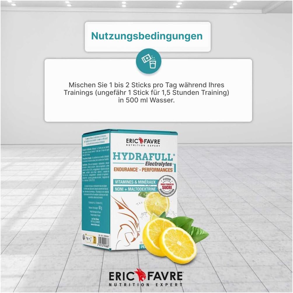 Eric Favre Hydrafull Electrolytes – Elektrolytmischung mit Vitaminen, Noni-Extrakt & Zitronengeschmack, Zuckerfrei, Vegan, 12 Sticks à 4g