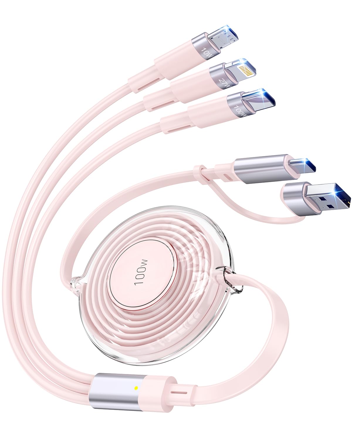 6-in-1 100W Multi USB Kabel, Einziehbares Multi Ladekabel 1.2M, Mehrfach Ladekabel mit Micro/Typ C/Lightn-ing Kabel, USB-C&USB-A Ladegerät Schnellladekabel für iPhone, Android, Galaxy, Tablet - Rosa