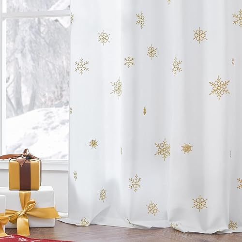 jinchan Cortinas blancas bordadas con copos de nieve dorados de 63 pulgadas de largo, cortinas de Navidad para sala de estar, dormitorio, pestaña