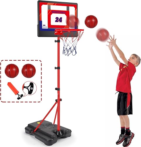 Aro de baloncesto para niños, altura ajustable, 3.5 a 6.2 pies, para interiores y exteriores, portátil, con bomba de bola, juegos de patio, juguetes