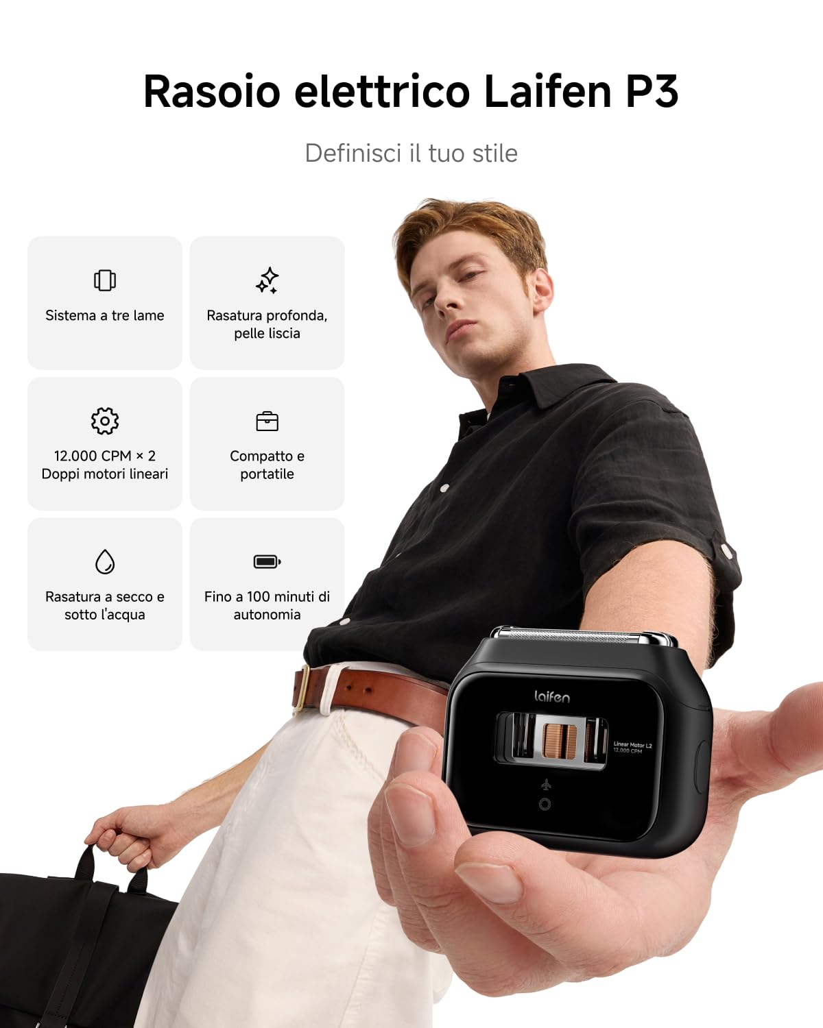Laifen P3 Bundle Rasoio Elettrico a Lamina a 3 Lame con Accessori, Nero | Motori Lineari 2×12.000 Tagli/min., Rasatura a Secco e a Umido, Lamina 0,055 mm, Batteria 100 min, USB-C, IPX7