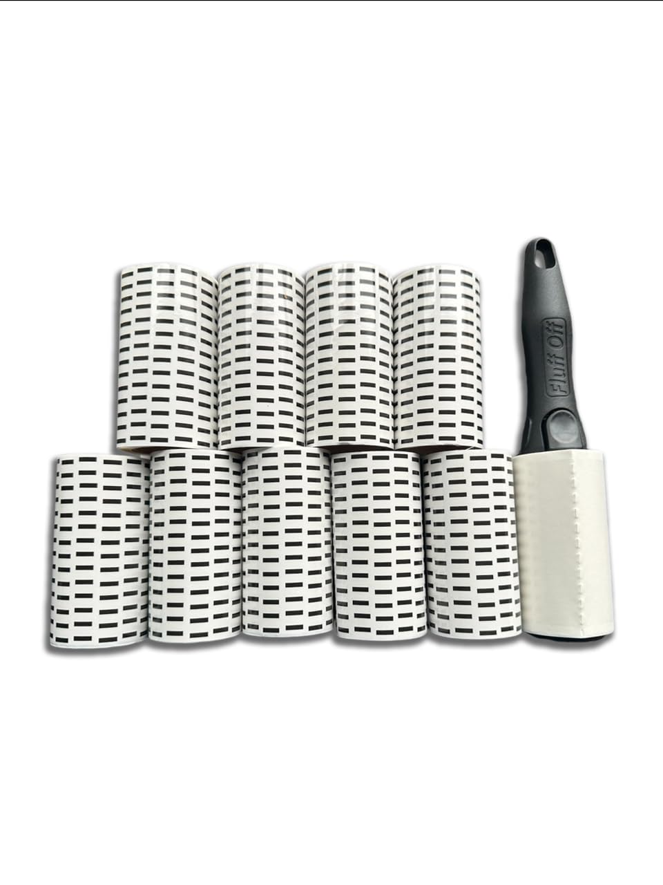 Fluff Off White Lint Roller Refills (Perforated) X 10 With Lint Roller Handle 7.6 Metres (25Ft) Of Super Sticky Sheets