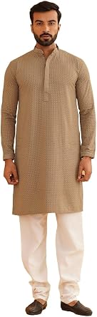 Sojanya Since 1958 MenS Cotton Embroidered Thread Work Kurta With White Churidar Pyjama