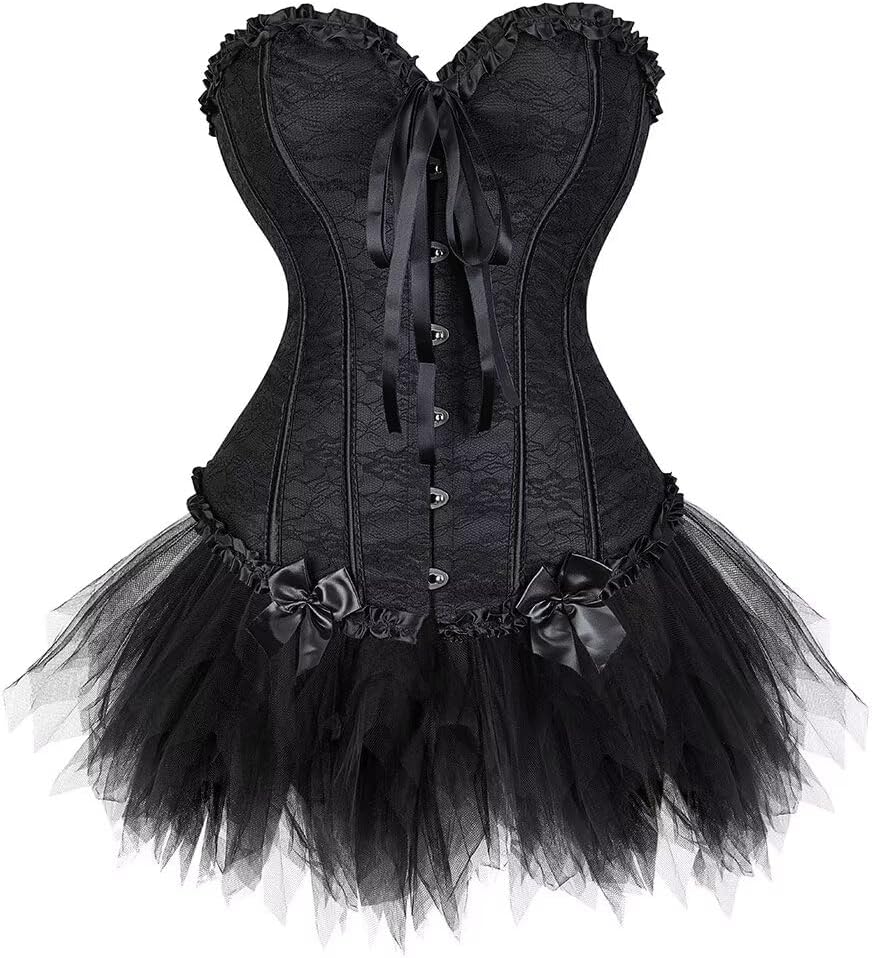 Jutrisujo Women Corset Dress Bustier Overbust Classic Lace Overlay with Tutu Tulle Skirt Plus Size Halloween