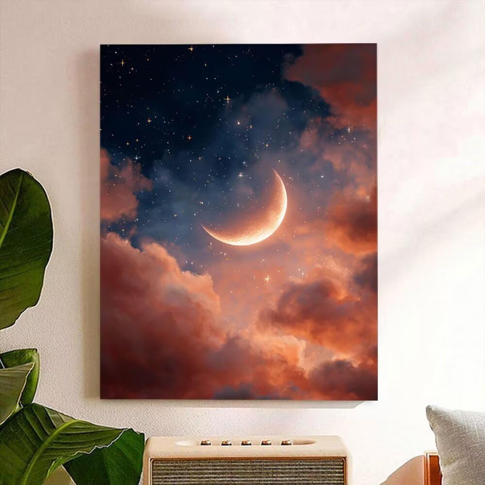 Malen Nach Zahlen Erwachsene DIY Komplettset - Hochwertige Acrylfarben & Leinwand - Entspannendes Kunsthandwerk für Anfänger & Fortgeschrittene - Ideales Home Deko - Mond Sterne Motiv (80x100cm) C-986