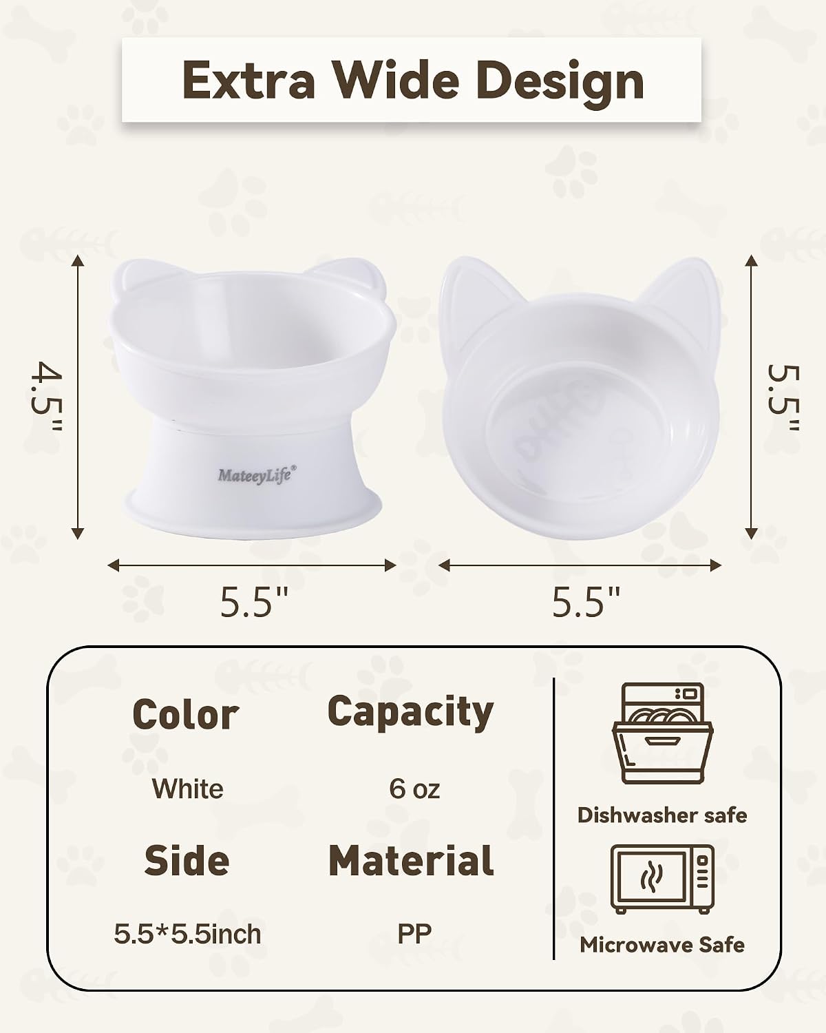 MateeyLife Raised Cat Bowls, Cat Food Bowl Elevated for Kittens & Small Dogs, 15°Tilted Protect Pets' Neck and Anti Vomiting, Whisker Friendly Food & Water Feeding Bowl, 6 oz Each - White