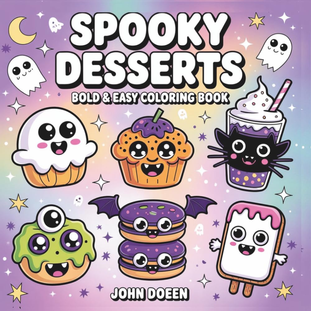 Spooky Desserts Bold & Easy Coloring Book: 40 Cute Halloween Snacks, Cakes, Candy, and Drinks for Teens and Adults to Relax and Unwind