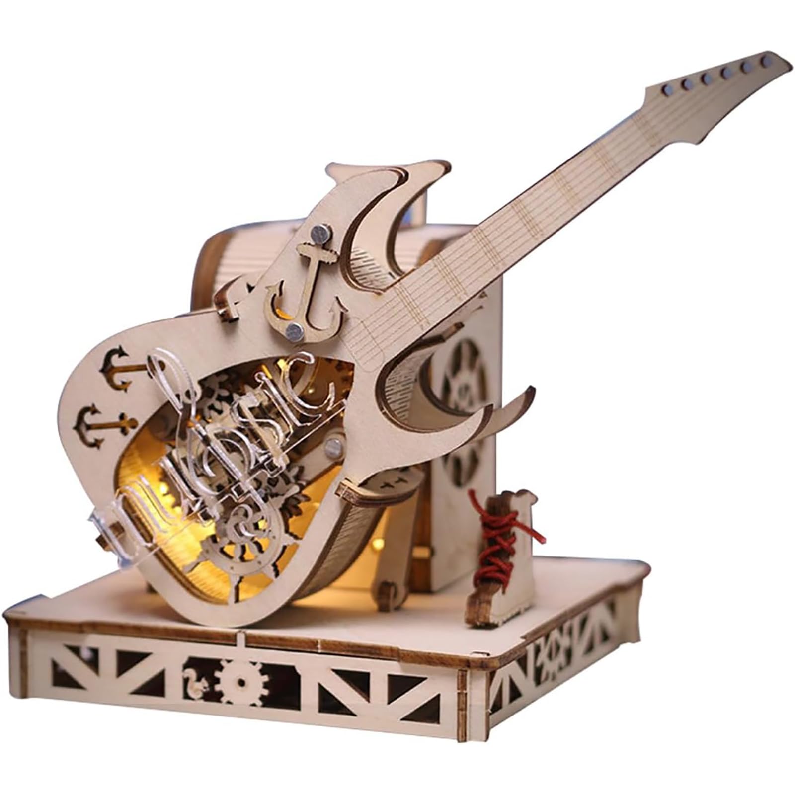 Generico Kit di Modelli in Legno 3D, Carillon a Forma di Chitarra con Trasmissione Meccanica in Legno da Costruire per Adulti, Decorazione per la Casa (150 Pezzi)