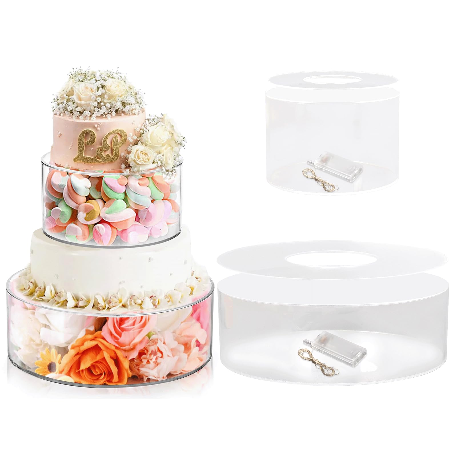 Sintuff 3 alzate per torte in acrilico con luci a LED, 20,3 cm, 25,4 cm, 30,5 cm, trasparente, riempibili, rotonde, 3 ripiani, per matrimoni, compleanni, vacanze, feste, esposizioni alimentari, 3