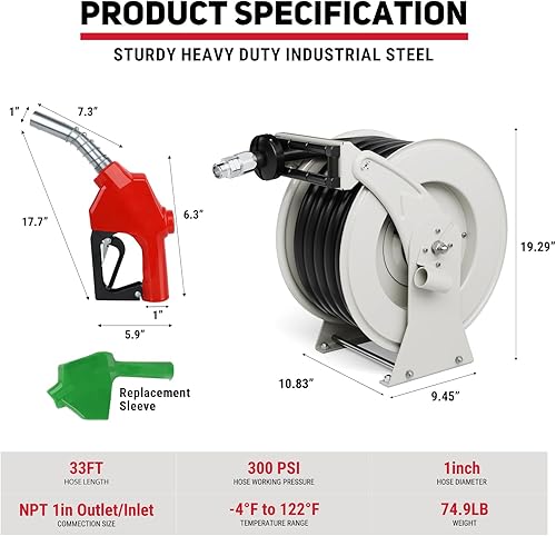 Vista 9 de Carrete de manguera de combustible diésel retráctil de 1 pulgada x 50 pies con boquilla de combustible, carrete de manguera diésel de 300 PSI