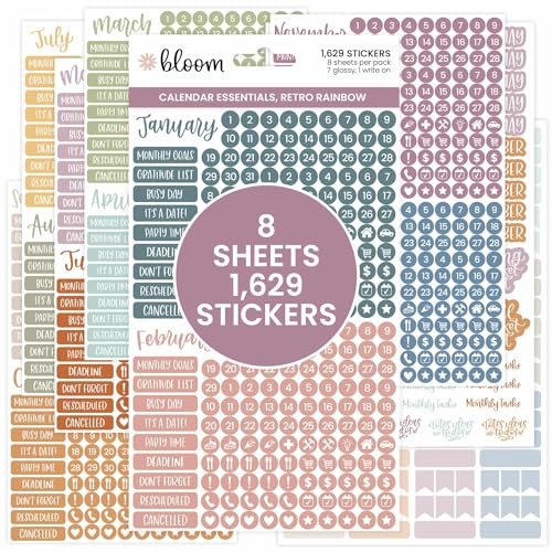 bloom daily planners Calendar Essentials Planner Stickers - 8 Sheets 1629 Stickers Per Pack! - Color Coordinating Monthly Headings Dates Icons Etc. - Retro Rainbow