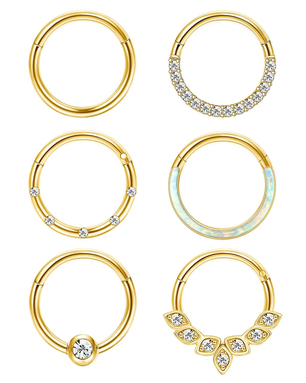 BESTEEL 6Pcs 16G Septum Rings Surgical Steel Nose Rings Hoop for Women Opal CZ Daith Cartilage Hoop Earring Clicker Septum Jewelry Hinged Hoop Nose Ring Lip Helix Rook Tragus Piercing Jewelry