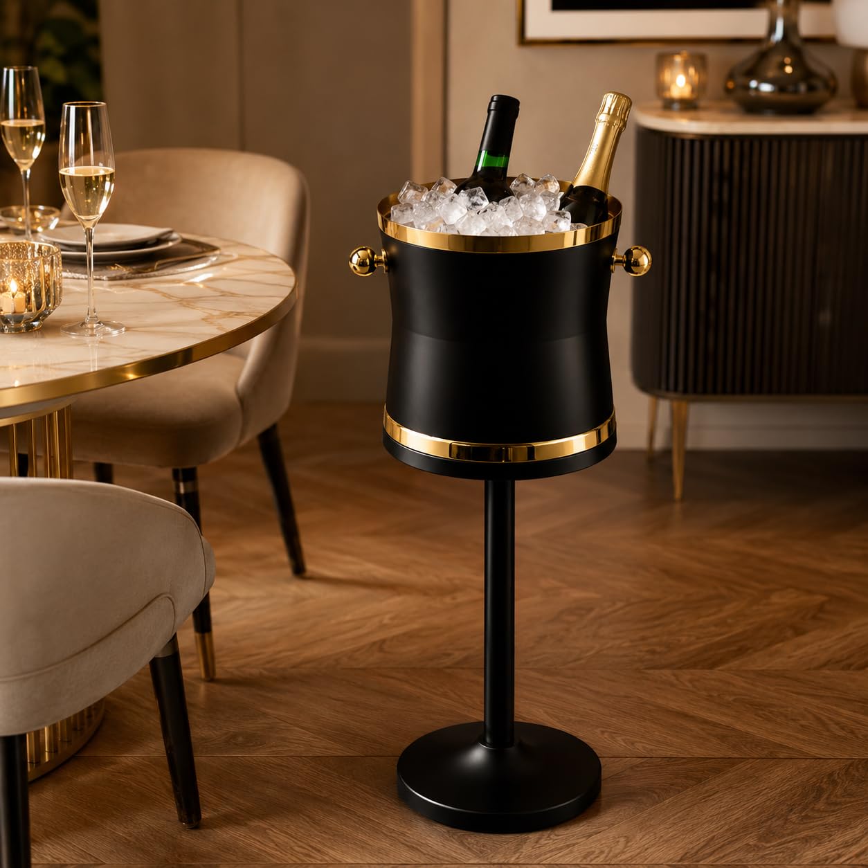Enfriador de vino de acero inoxidable con soporte, cubo de hielo para eventos y entretenimiento en casa, soporte de 69 cm, cubo de 19,8 x 22 cm, diseño duradero y elegante