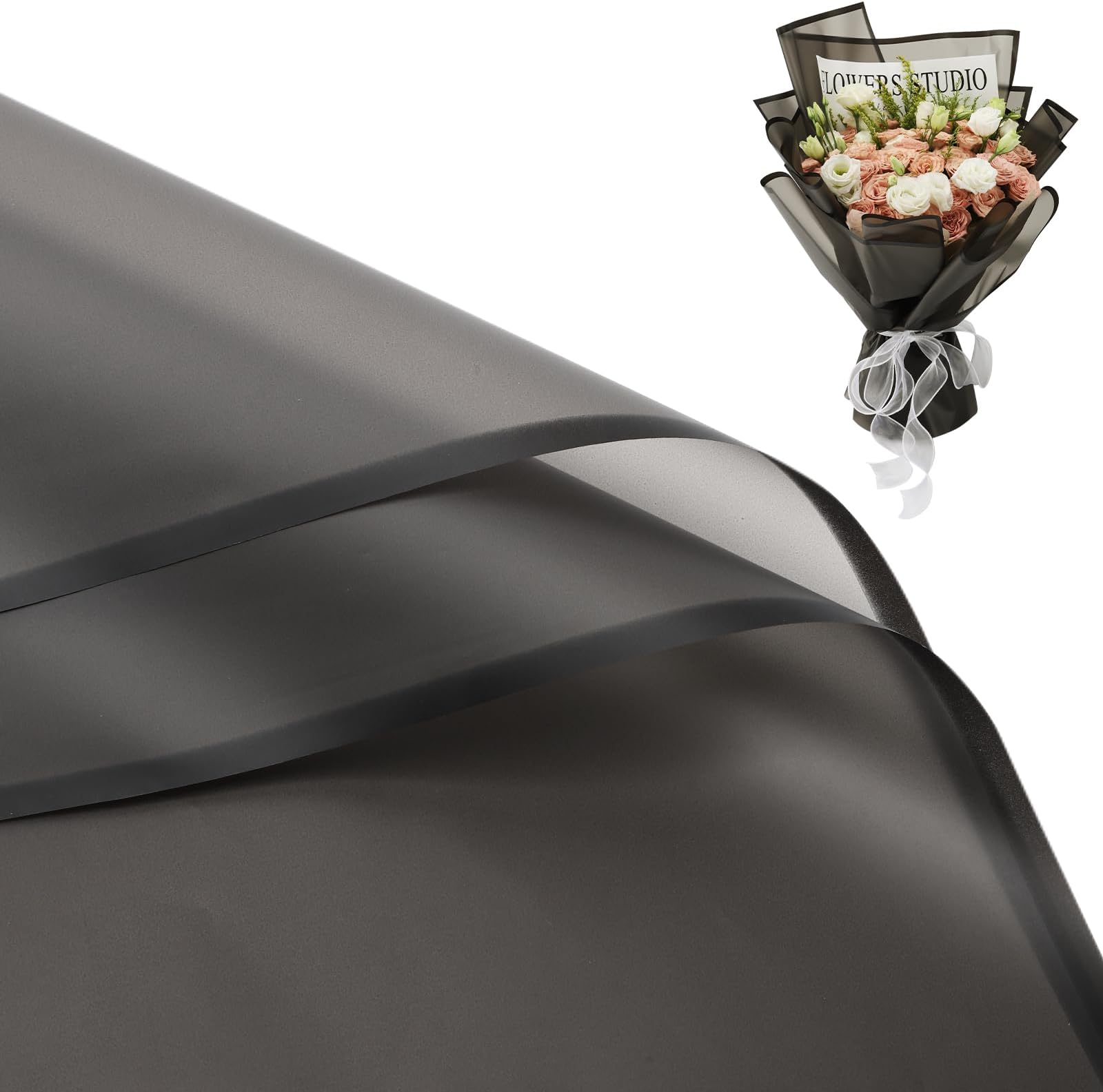 Rumvan Flower Wrapping Paper, 20 Sheets, Waterproof, Floral Bouquet Design, for Wedding, Birthday Gift, DIY Florist Supplies (Black)