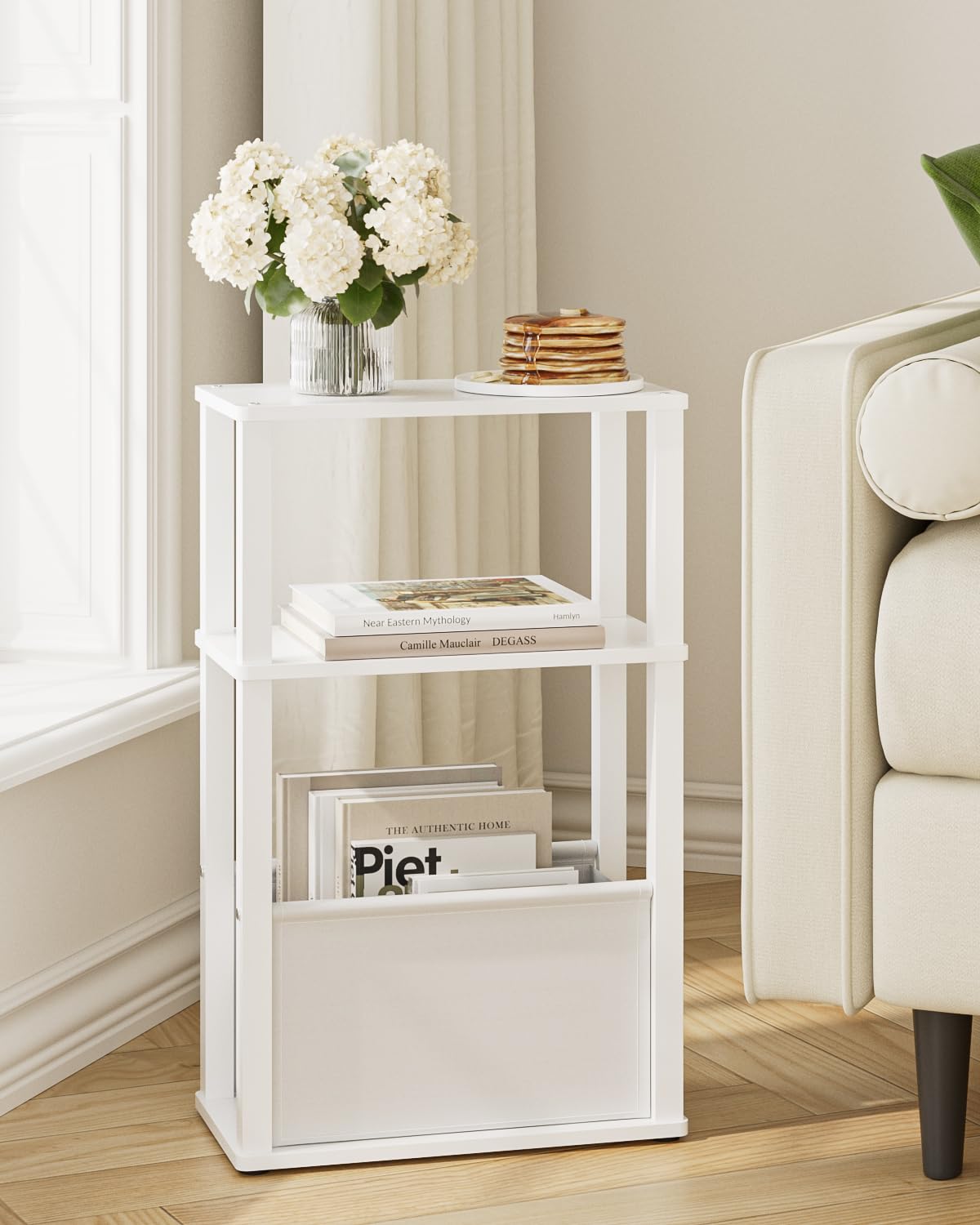 Narrow Side Table for Small Spaces, Slim End Table with Storage Basket, Small Bedside Table for Bedroom, Sofa Side Tables Living Room,Bathroom,White