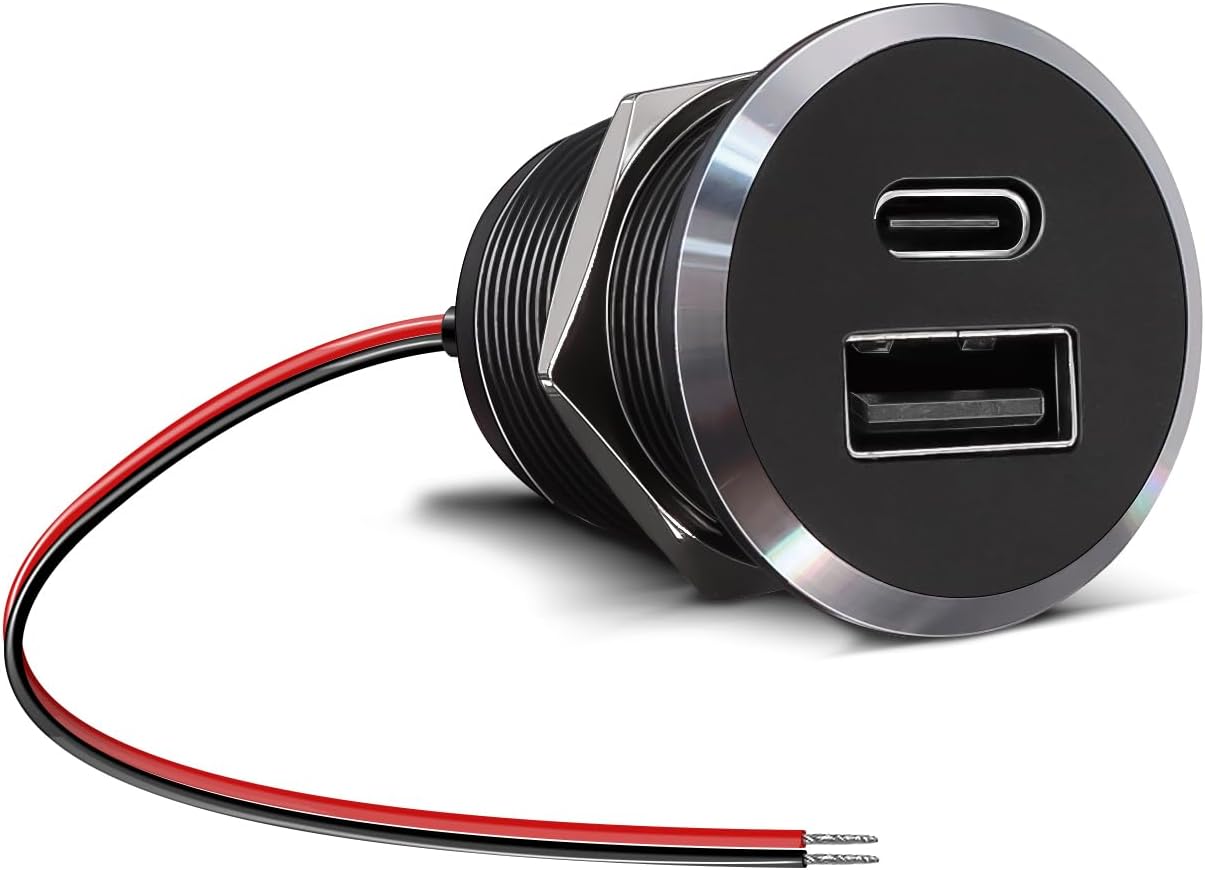 12V USB Outlet All-Aluminum QC 3.0 USB-A & USB-C PD3.0 Dual High-Speed Charger Socket, Recessed Mount Type-A Type-C Port for Camper Van Trailer RV Boat Truck (Small Version)