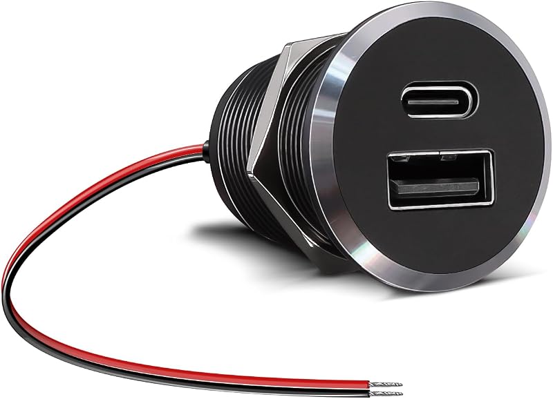 Tomada USB automotiva Obeaming 12 V em alumínio com USB-A e USB-C – 2 portas
