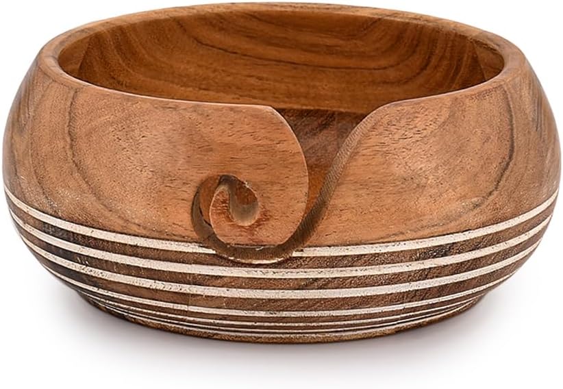 EDHAS Yarn Storage Acacia Wood Hand Made by Indian Artisans Yarn Bowl for Crocheting & Knitting (6" x 6" x 3'')